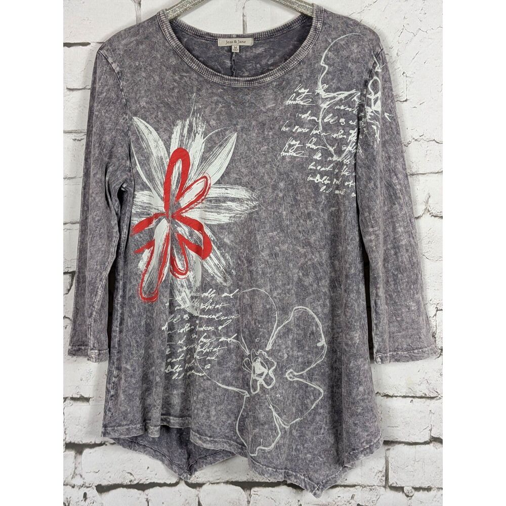 JESS & JANE Mineral Washed Cotton Tunic Asymmetrical Hem Floral Graphic Medium